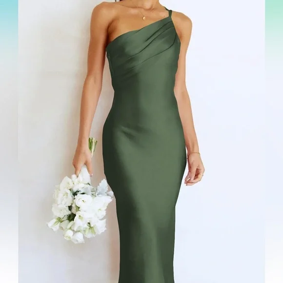 Nwt Pretty Garden | Army Green Satin One Shoulder Spaghetti Strap Dress | Color: Green | Size: M | Thriftygarden's Closet Nwt Pretty Garden | Army Green Satin One Shoulder Spaghetti Strap Dress | Color: Green | Size: M | Thriftygarden's Closet